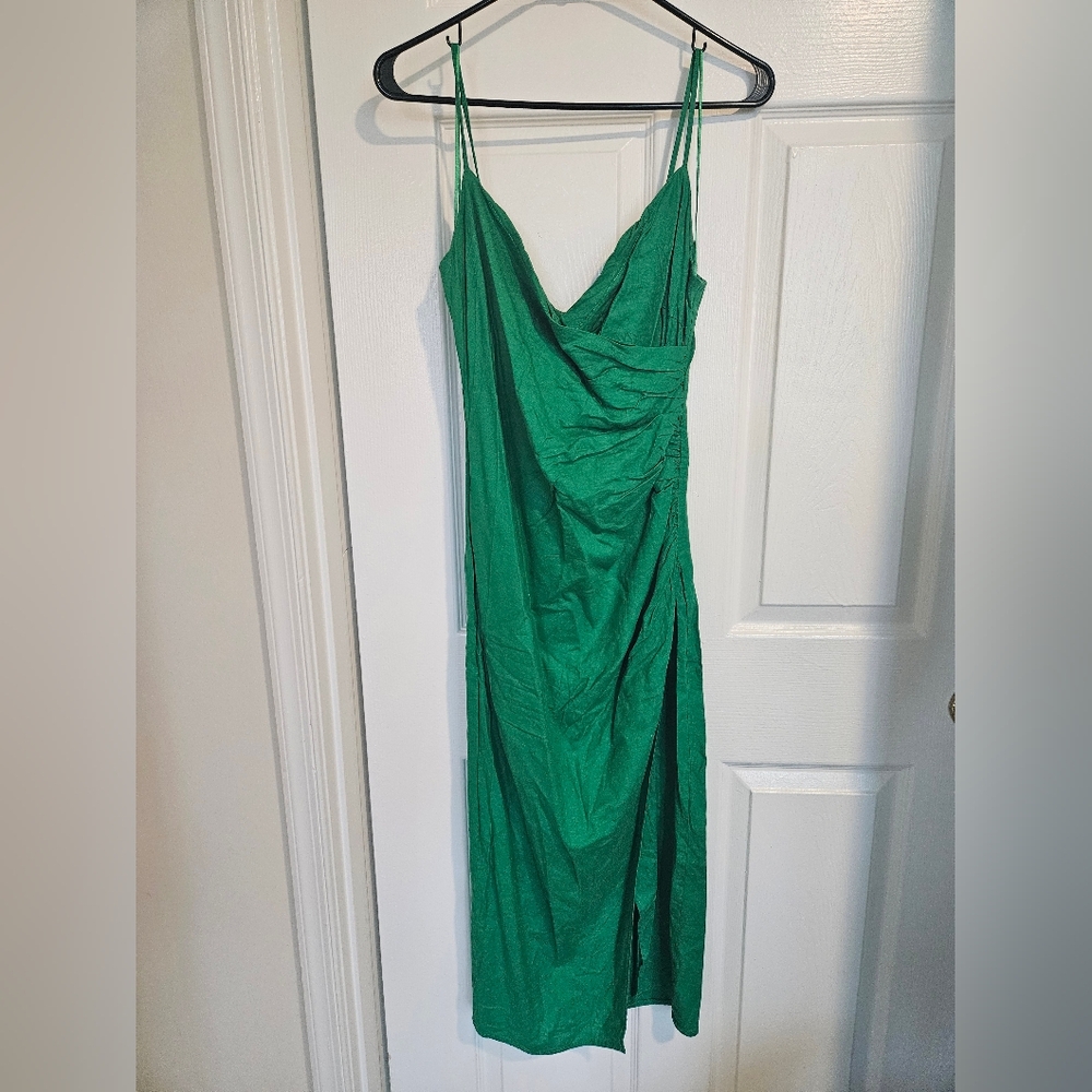 Zara Green Ruched Wrap Linen Dress